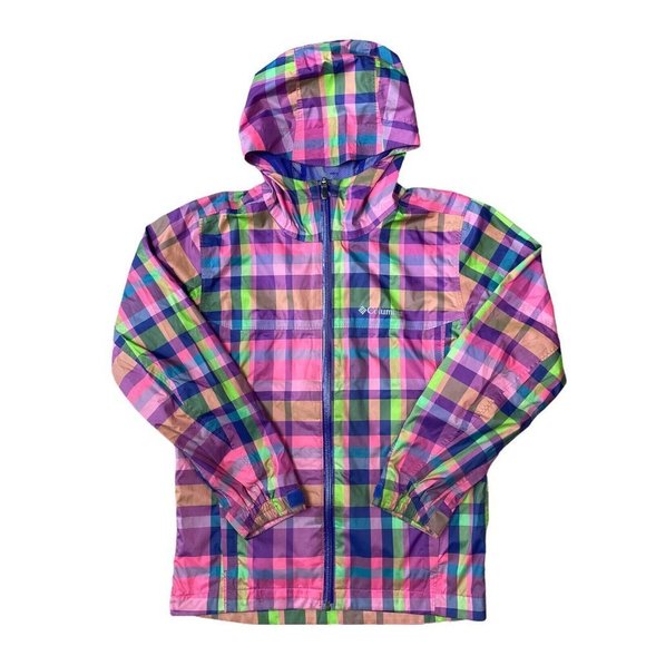 Columbia Youth Splash Maker Rain Jacket Girls Medium Rainbow Plaid Waterproof - Picture 1 of 8